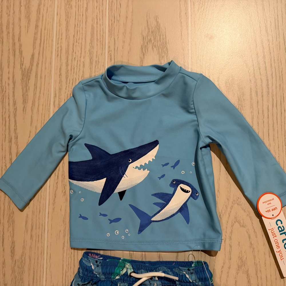 Carter’s Baby Boy Shark Swim Set Size 6 Months UPF 50+ 2Pc Blue NEW - Picture 2 of 10